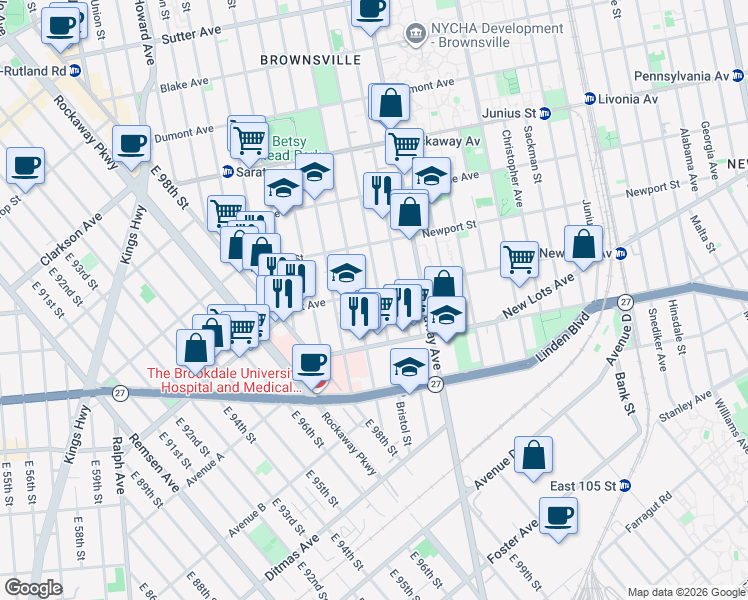 map of restaurants, bars, coffee shops, grocery stores, and more near 546 Bristol Street in Brooklyn