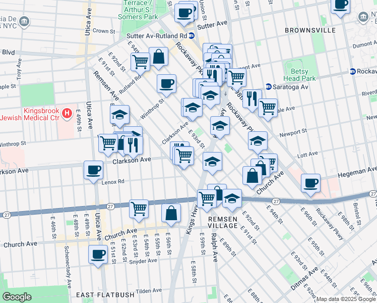 map of restaurants, bars, coffee shops, grocery stores, and more near 330 East 92nd Street in Brooklyn