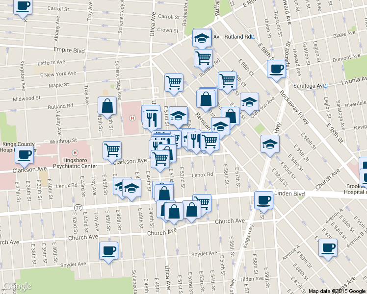 map of restaurants, bars, coffee shops, grocery stores, and more near 151 East 52nd Street in Brooklyn