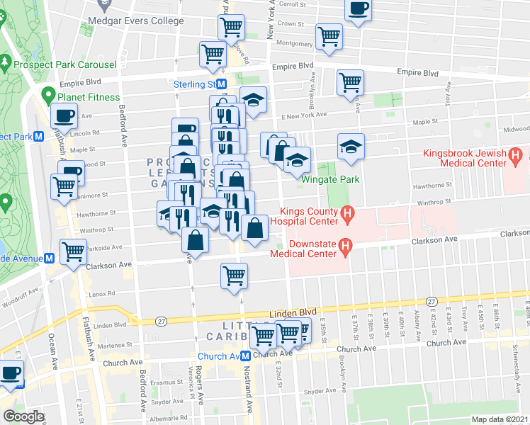 map of restaurants, bars, coffee shops, grocery stores, and more near 339 Winthrop Street in Brooklyn