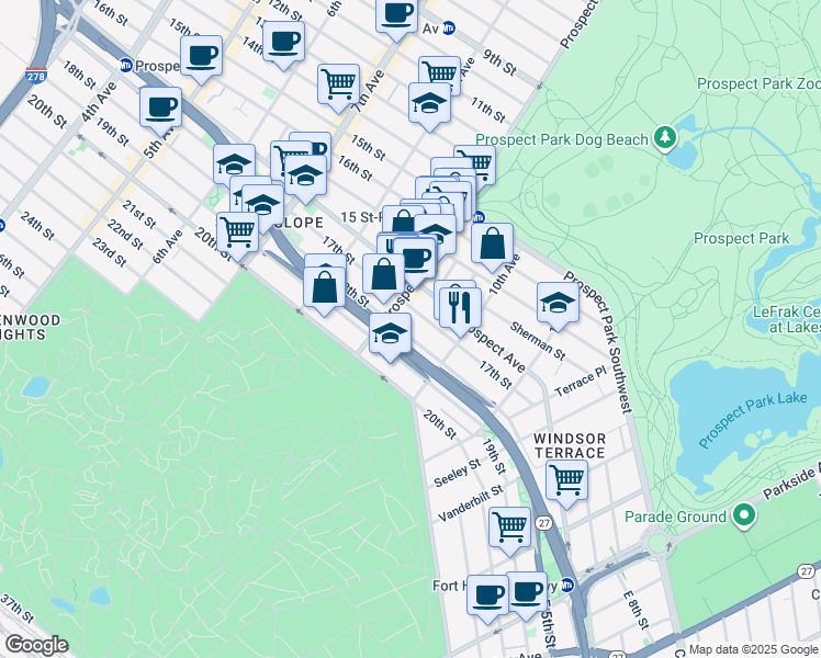 map of restaurants, bars, coffee shops, grocery stores, and more near 528 17th Street in Brooklyn
