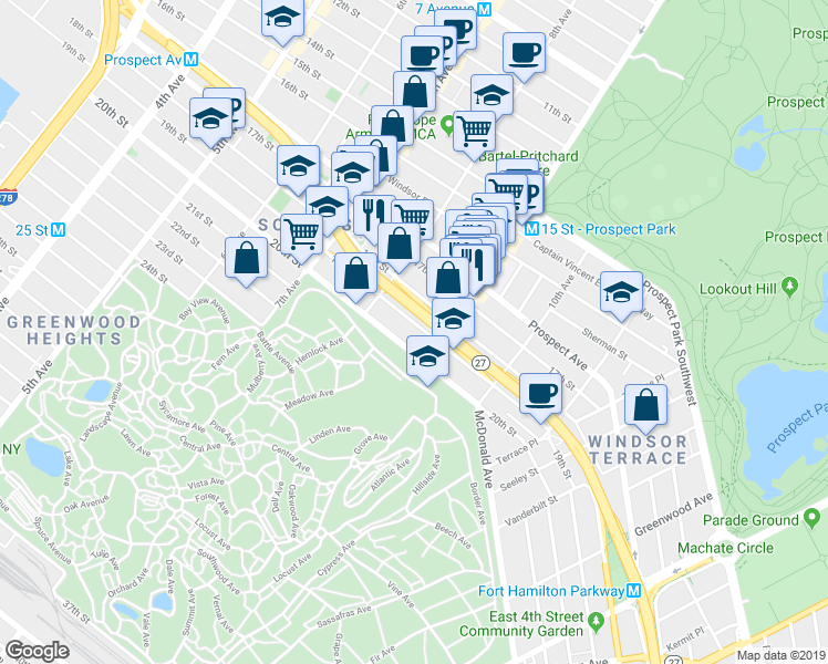 map of restaurants, bars, coffee shops, grocery stores, and more near 450 19th Street in Brooklyn