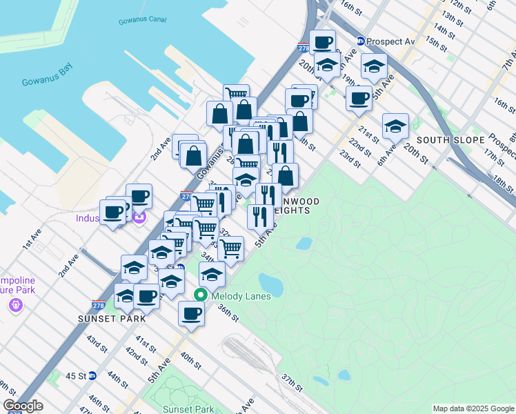 map of restaurants, bars, coffee shops, grocery stores, and more near 192 29th Street in Brooklyn