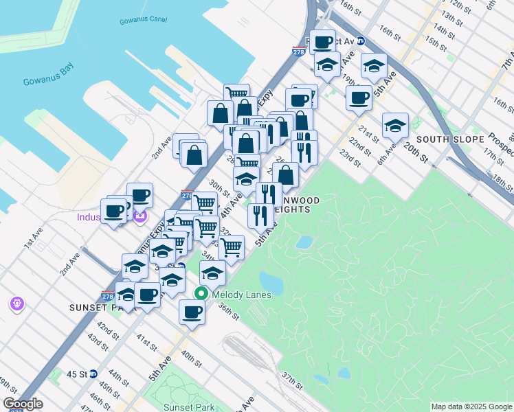 map of restaurants, bars, coffee shops, grocery stores, and more near 192 29th Street in Brooklyn