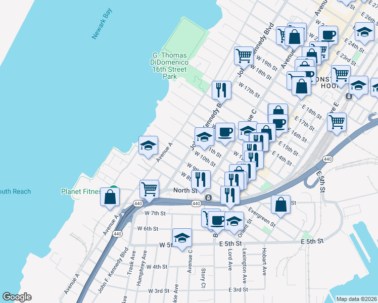 map of restaurants, bars, coffee shops, grocery stores, and more near 330 John F. Kennedy Boulevard in Bayonne