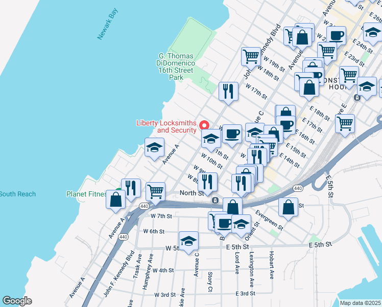 map of restaurants, bars, coffee shops, grocery stores, and more near 125 West 9th Street in Bayonne