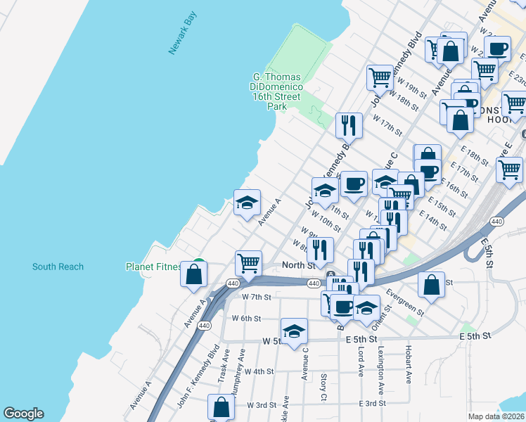 map of restaurants, bars, coffee shops, grocery stores, and more near 153 West 8th Street in Bayonne