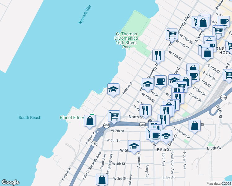 map of restaurants, bars, coffee shops, grocery stores, and more near 153 West 8th Street in Bayonne
