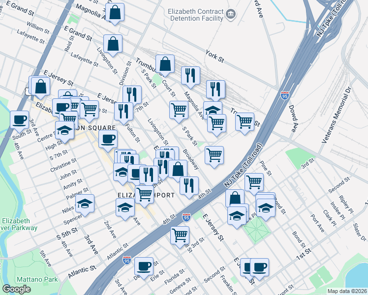 map of restaurants, bars, coffee shops, grocery stores, and more near 532 Broadway in Elizabeth