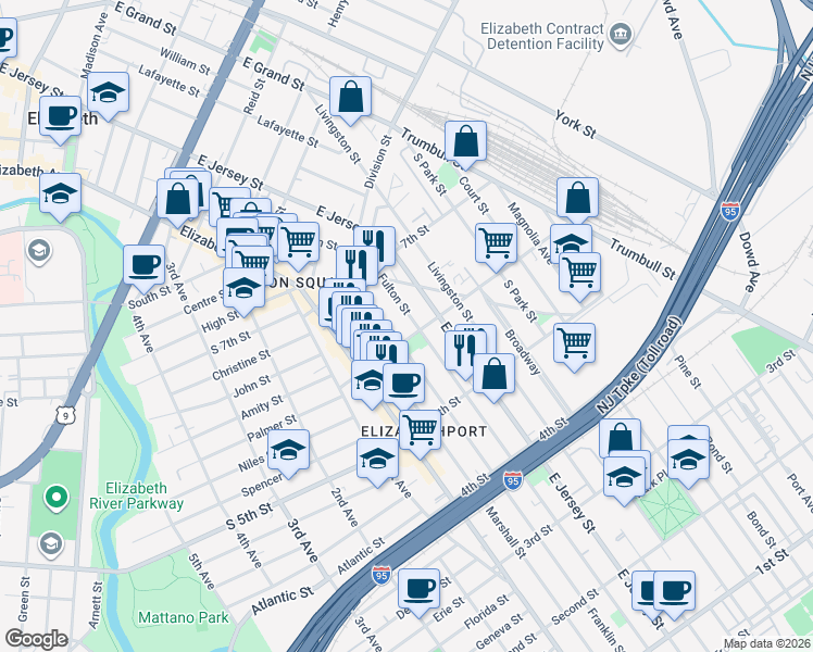 map of restaurants, bars, coffee shops, grocery stores, and more near 601 Fulton Street in Elizabeth