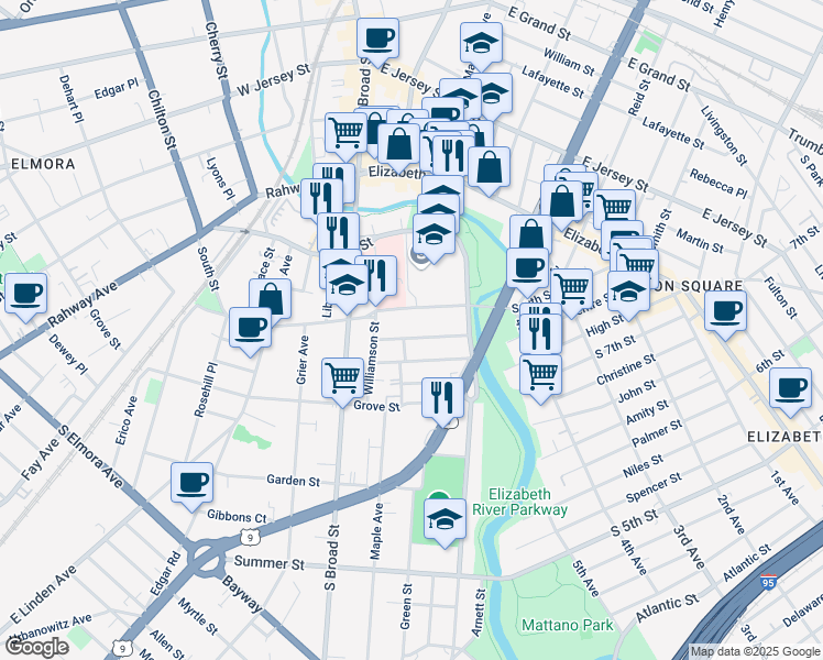 map of restaurants, bars, coffee shops, grocery stores, and more near 635 Norwood Terrace in Elizabeth