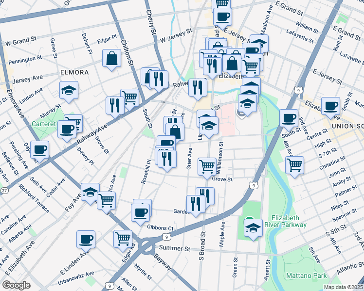 map of restaurants, bars, coffee shops, grocery stores, and more near in Elizabeth