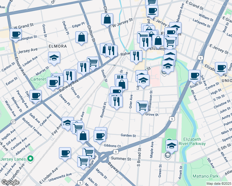 map of restaurants, bars, coffee shops, grocery stores, and more near 932 South Street in Elizabeth