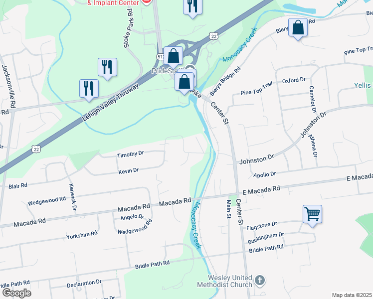 map of restaurants, bars, coffee shops, grocery stores, and more near 255 Bella Vista Drive in Bethlehem