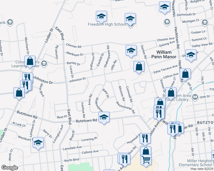 map of restaurants, bars, coffee shops, grocery stores, and more near 3092 Shakespeare Rd in Bethlehem