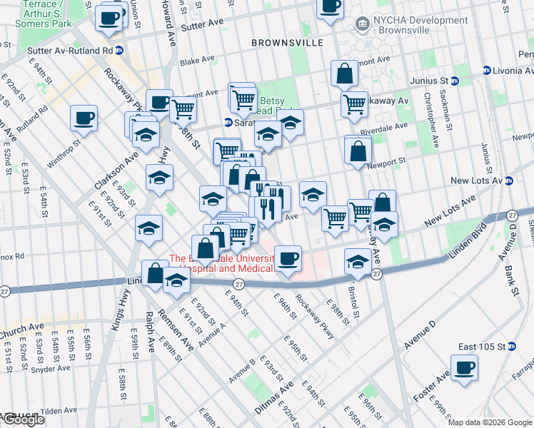 map of restaurants, bars, coffee shops, grocery stores, and more near 2304 Strauss Street in Brooklyn