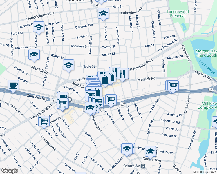 map of restaurants, bars, coffee shops, grocery stores, and more near 264 Merrick Road in Lynbrook