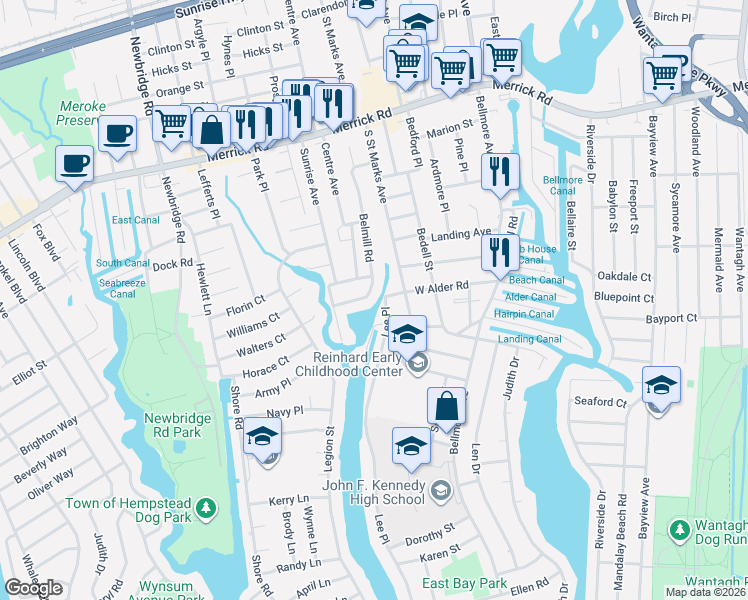 map of restaurants, bars, coffee shops, grocery stores, and more near 2631 Belmill Road in Bellmore