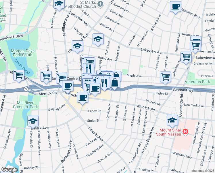 map of restaurants, bars, coffee shops, grocery stores, and more near 309-313 Sunrise Highway in Rockville Centre