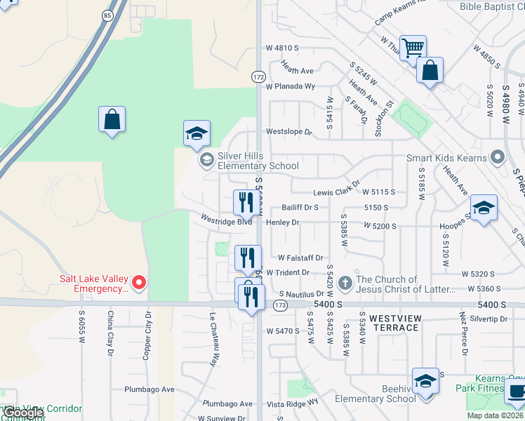 map of restaurants, bars, coffee shops, grocery stores, and more near 5598 Henley Drive in West Valley City