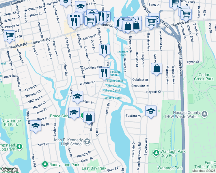 map of restaurants, bars, coffee shops, grocery stores, and more near 114 Beach Avenue in Bellmore