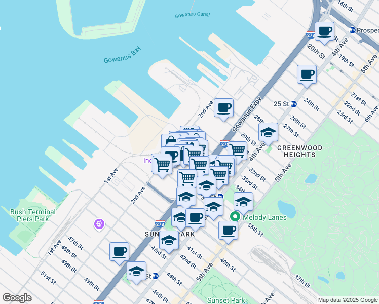 map of restaurants, bars, coffee shops, grocery stores, and more near 68 34th Street in Brooklyn