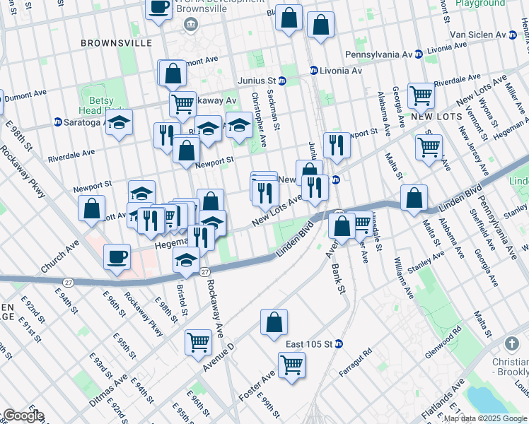 map of restaurants, bars, coffee shops, grocery stores, and more near 41 New Lots Ave in Brooklyn