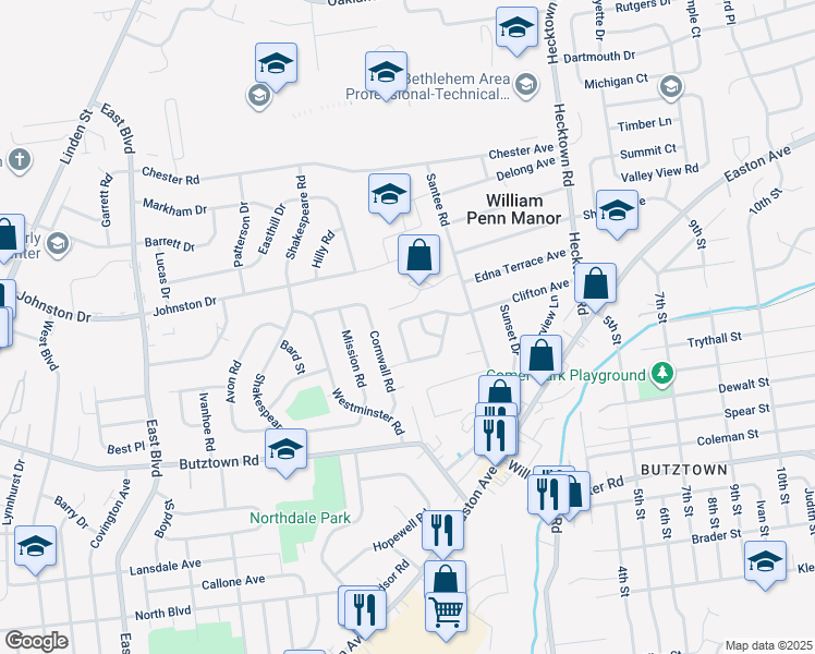 map of restaurants, bars, coffee shops, grocery stores, and more near 2980 Clifton Ave in Bethlehem