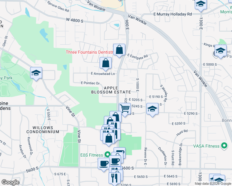 map of restaurants, bars, coffee shops, grocery stores, and more near 5210 South 900 East in Millcreek