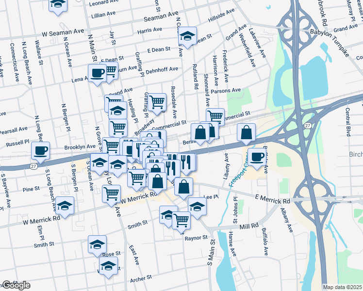 map of restaurants, bars, coffee shops, grocery stores, and more near 19 South Columbus Avenue in Freeport