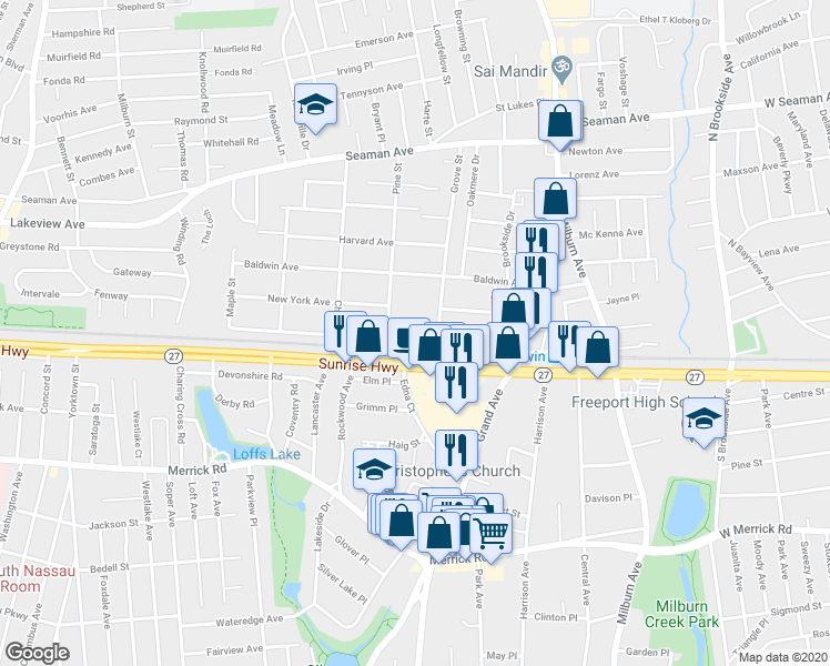 map of restaurants, bars, coffee shops, grocery stores, and more near 627 Brooklyn Avenue in Baldwin