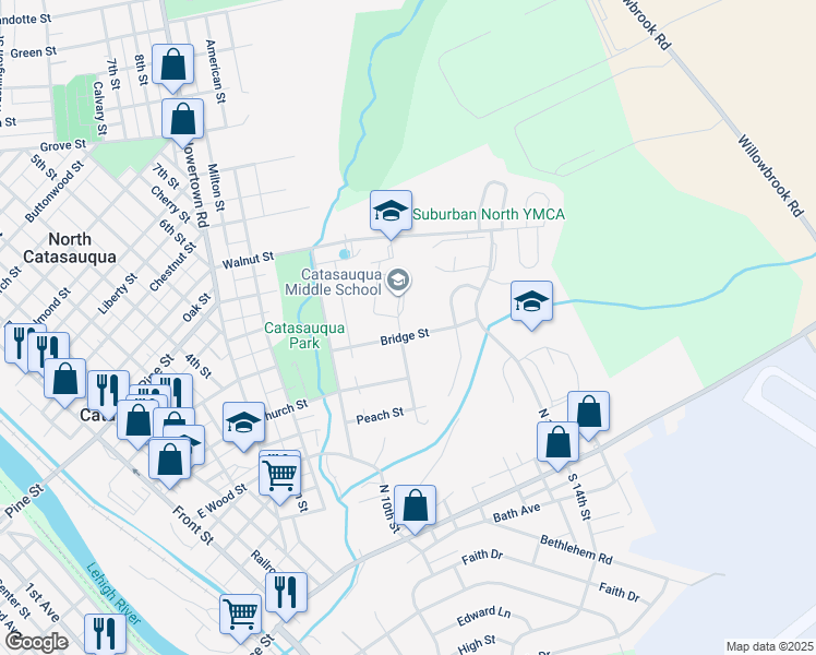map of restaurants, bars, coffee shops, grocery stores, and more near 902 Bridge Street in Catasauqua