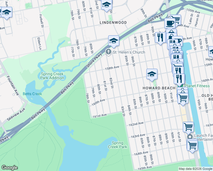 map of restaurants, bars, coffee shops, grocery stores, and more near 81-4 159th Avenue in Queens