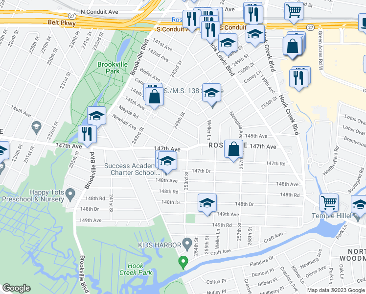 map of restaurants, bars, coffee shops, grocery stores, and more near 249-41 147th Avenue in Queens