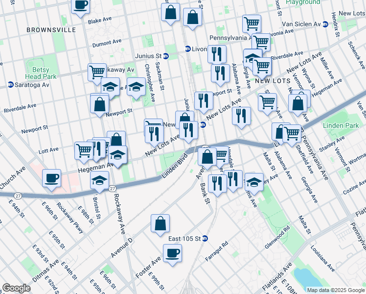map of restaurants, bars, coffee shops, grocery stores, and more near 672 Powell Street in Brooklyn