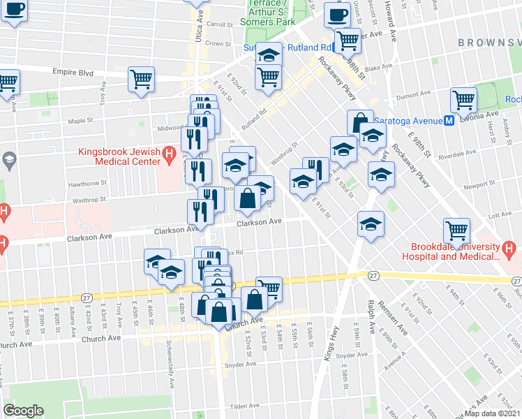 map of restaurants, bars, coffee shops, grocery stores, and more near 133 Clarkson Avenue in Brooklyn