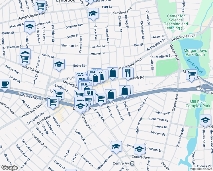map of restaurants, bars, coffee shops, grocery stores, and more near 240 Merrick Road in Lynbrook
