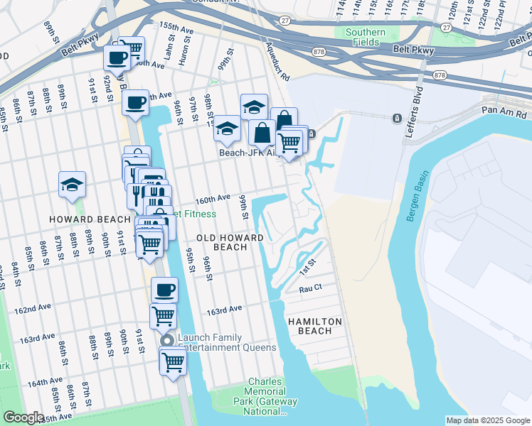 map of restaurants, bars, coffee shops, grocery stores, and more near 44 Church Street in Queens