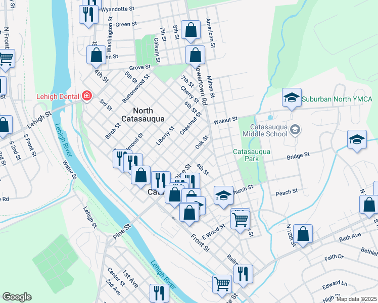 map of restaurants, bars, coffee shops, grocery stores, and more near 405 Walnut Street in Catasauqua