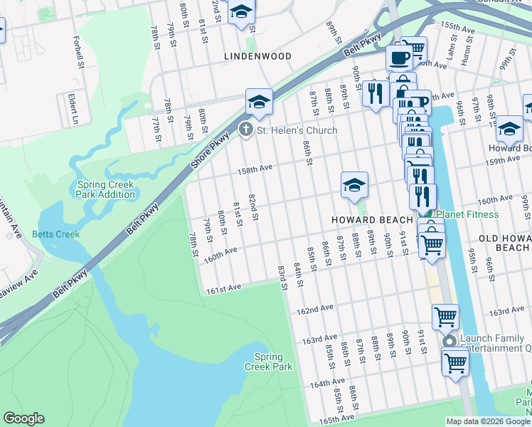 map of restaurants, bars, coffee shops, grocery stores, and more near 159-08 83rd Street in Queens