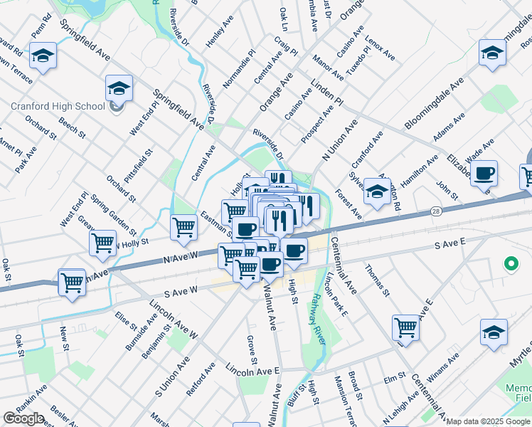 map of restaurants, bars, coffee shops, grocery stores, and more near 40 Alden Street in Cranford