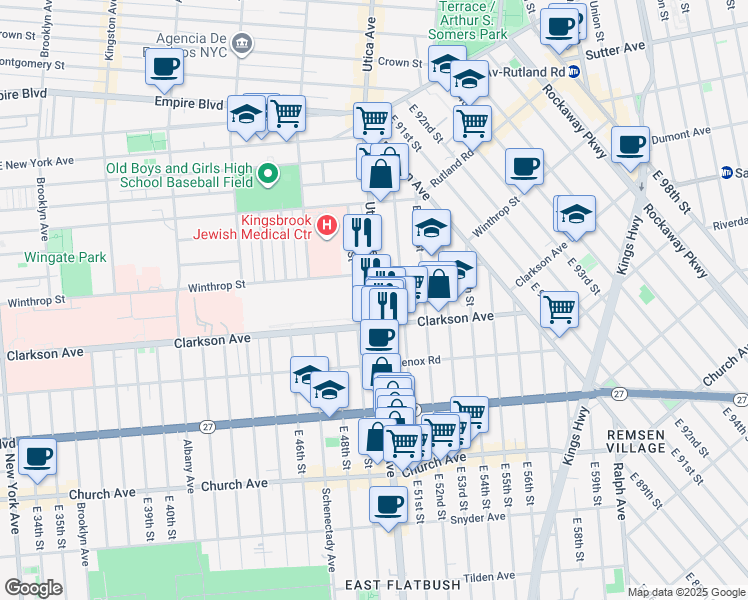 map of restaurants, bars, coffee shops, grocery stores, and more near 656 Utica Avenue in Brooklyn