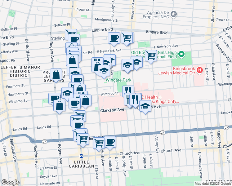 map of restaurants, bars, coffee shops, grocery stores, and more near 463 Winthrop Street in Brooklyn