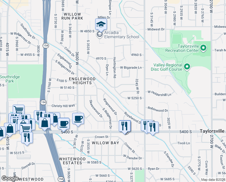 map of restaurants, bars, coffee shops, grocery stores, and more near 5202 Huntington Rd in Salt Lake City