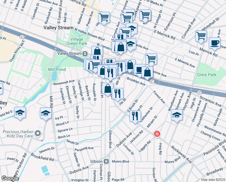 map of restaurants, bars, coffee shops, grocery stores, and more near 501 Rockaway Avenue in Valley Stream