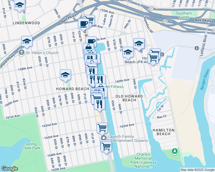 map of restaurants, bars, coffee shops, grocery stores, and more near 160-08 95th Street in Queens