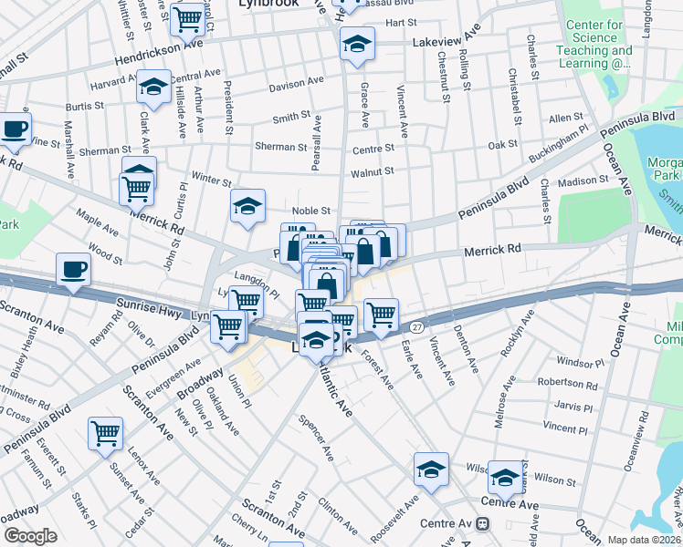 map of restaurants, bars, coffee shops, grocery stores, and more near 303 Merrick Road in Lynbrook