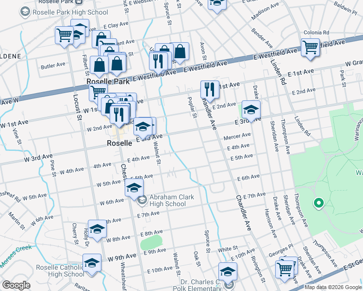 map of restaurants, bars, coffee shops, grocery stores, and more near 243 East 4th Avenue in Roselle