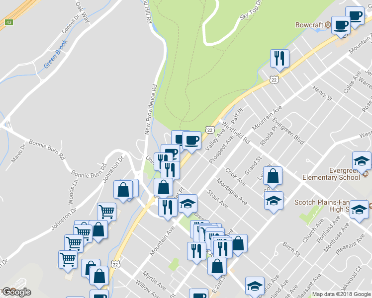 map of restaurants, bars, coffee shops, grocery stores, and more near 2011 U.S. 22 in Scotch Plains
