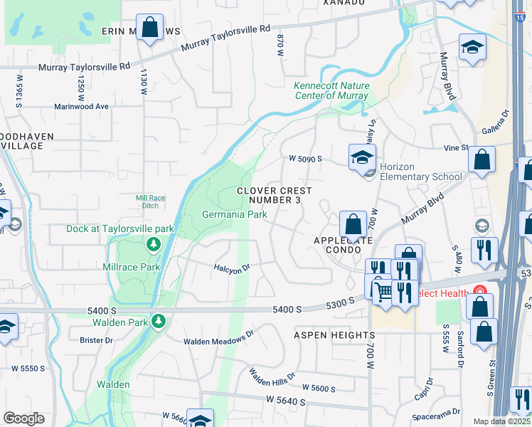 map of restaurants, bars, coffee shops, grocery stores, and more near 5235 Spring Clover Drive in Murray